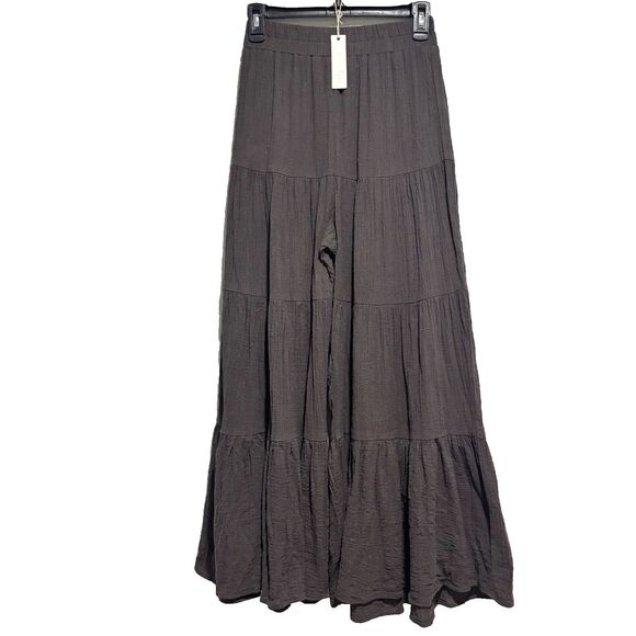 NWT Olivaceous Pants Dark Gray Small Tiered Wide Leg Rayon Relaxed Bohemian - Picture 2 of 7